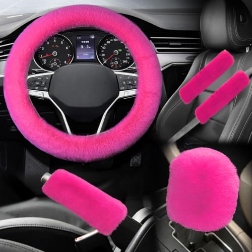 LHDOS 5PCS Fluffy Car Steering Wheel Cover Set Includes Faux Fur Gear Shift Cover Handbrake Cover Steering Wheel Protector 2 Seat Belt Shoulder Pads Winter Fuzzy Warm Car Accessories Rose Red - Image 1