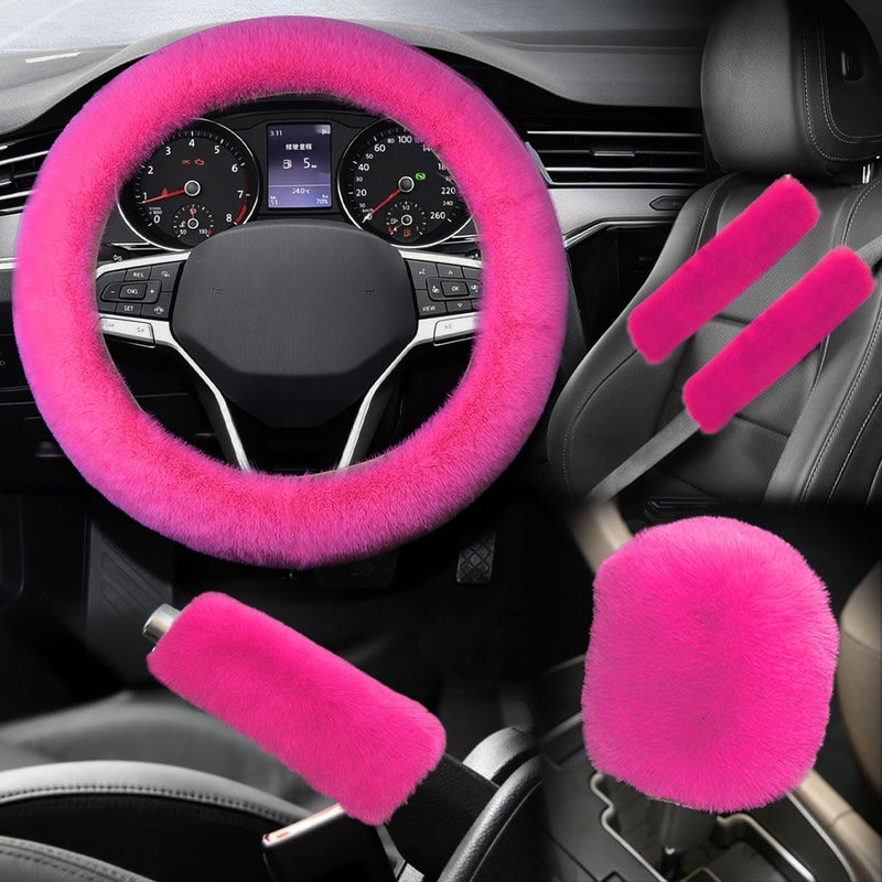 LHDOS 5PCS Fluffy Car Steering Wheel Cover Set Includes Faux Fur Gear Shift Cover Handbrake Cover Steering Wheel Protector 2 Seat Belt Shoulder Pads Winter Fuzzy Warm Car Accessories Rose Red - Image 3