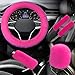 LHDOS 5PCS Fluffy Car Steering Wheel Cover Set Includes Faux Fur Gear Shift Cover Handbrake Cover Steering Wheel Protector 2 Seat Belt Shoulder Pads Winter Fuzzy Warm Car Accessories Rose Red - Image 2