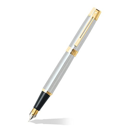 Sheaffer 300 Gold Tone Trim Fountain Pen, Medium Nib, Brushed Chrome (E0932753) - Image 1