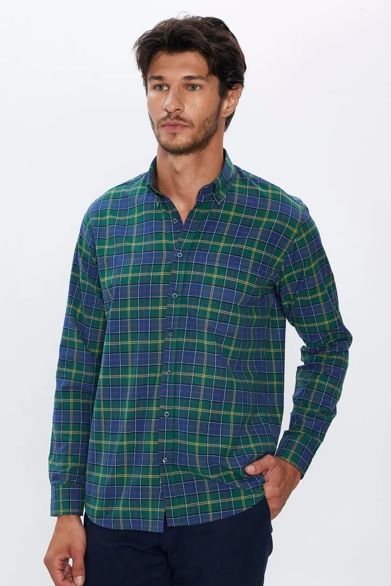تودورس Men's Classic Fit Regular Cut Cotton Single Pocket Checked Button-Down Collar Shirt