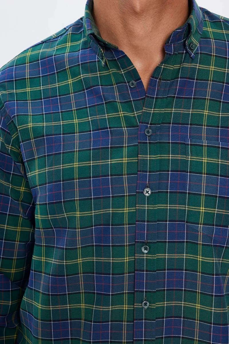 تودورس Men's Classic Fit Regular Cut Cotton Single Pocket Checked Button-Down Collar Shirt