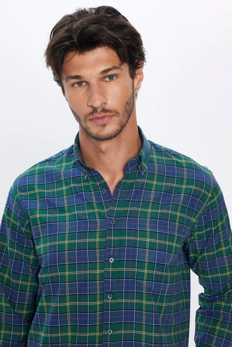 تودورس Men's Classic Fit Regular Cut Cotton Single Pocket Checked Button-Down Collar Shirt