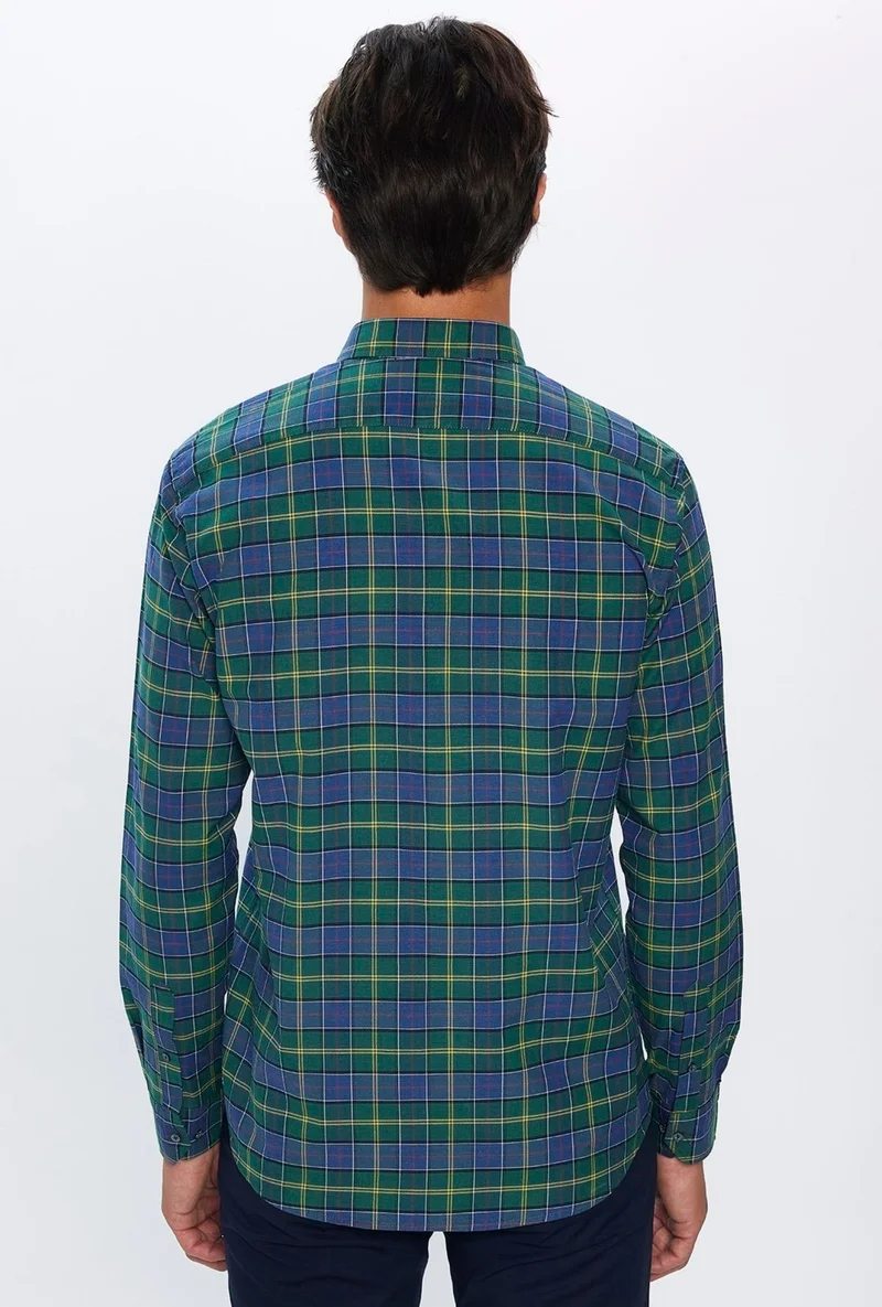 تودورس Men's Classic Fit Regular Cut Cotton Single Pocket Checked Button-Down Collar Shirt