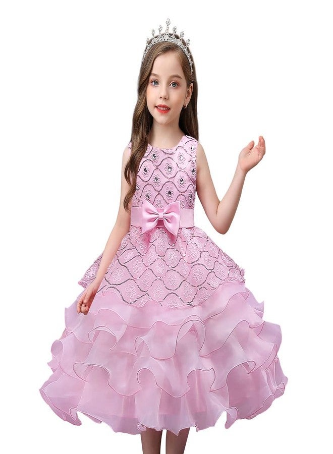 DreamHigh Wedding Flower Girl's Ruffles Lace Cute Bow Waist Evening Dress up, Pink, 10 Years - Image 4