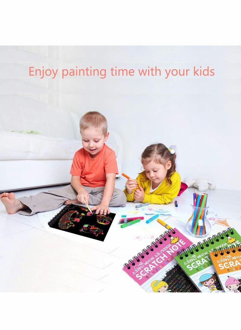 KASTWAVE - 8 Pack Scratch Notebooks, Rainbow Scratch Note Combo Art Set, Magic Scratch Painting & Sketch Art Notes Drawing Notepads for Kids - Includes Drawing Stencil and Wooden Stylu with Each Note - Image 1