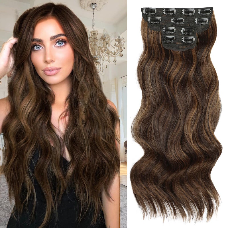 Vigorous Clip in Hair Extensions BlackDark mix light brown Hair Extensions Clip ins 4PCS Thick Synthetic Wavy hair for Women