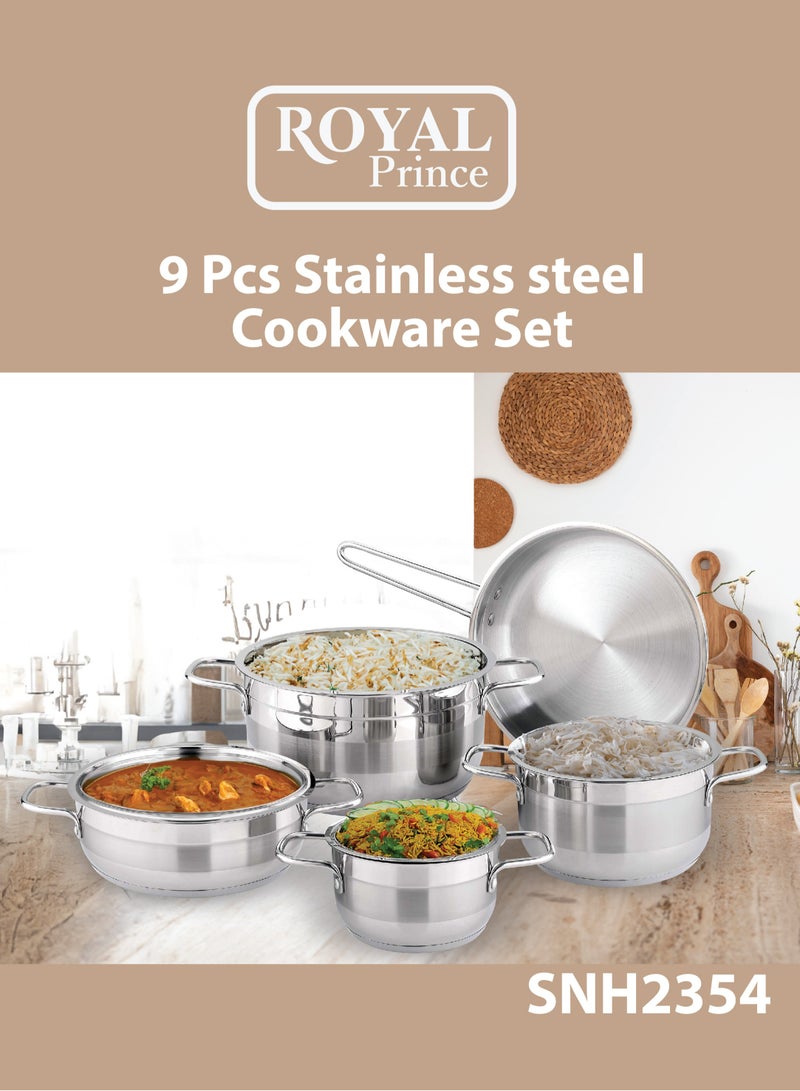 الأمير الملكي طقم أواني طهي ستانلس ستيل 9 قطع من رويال برنس مع 5 طبقات قاع حث مقاسات - 16,20,24,2424 سم لون فضي SNH2354 - Image 2