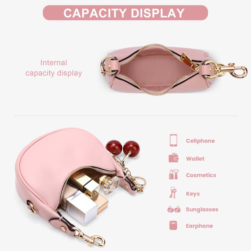 JQWSVE Small Top Handle Bags for Women Mini Purses Cute Ladies Handbags Crescent Mini Crossbody Bags with Cherry (Pink) - Image 5