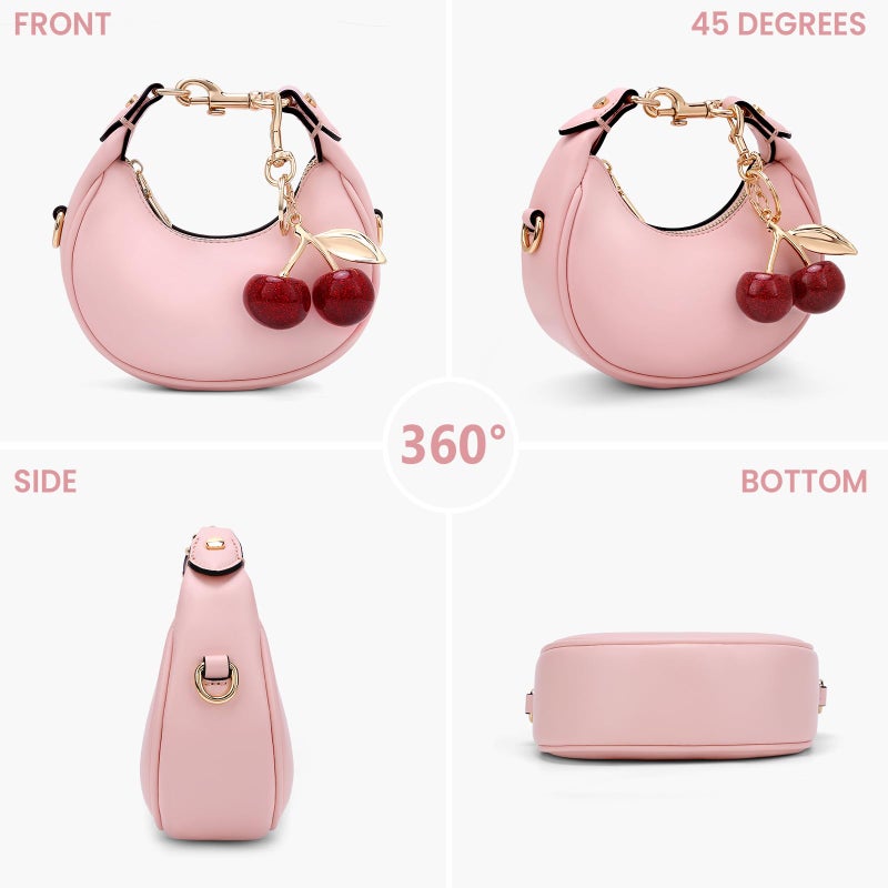 JQWSVE Small Top Handle Bags for Women Mini Purses Cute Ladies Handbags Crescent Mini Crossbody Bags with Cherry (Pink) - Image 3