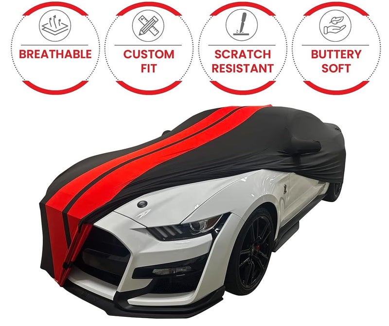 SR1 Performance 2005-2025 Mustang Indoor Car Cover - High End Custom Fit Ultraguard Stretch Satin Sport Series Dust Proof : Black with Red Stripes for Ford Mustang V6/Ecoboost/GT/Bullitt/Shelby GT350 - Image 2