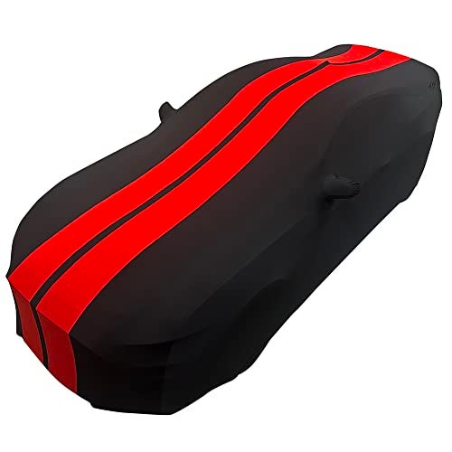 SR1 Performance 2005-2025 Mustang Indoor Car Cover - High End Custom Fit Ultraguard Stretch Satin Sport Series Dust Proof : Black with Red Stripes for Ford Mustang V6/Ecoboost/GT/Bullitt/Shelby GT350 - Image 1