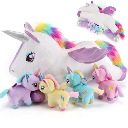 gnomantic 5 Pieces Unicorn Stuffed Animals  1 Mommy Stuffed Unicorn with 4 Babies  Unicorns Gifts for Girls Ages 3 4 5 6 7 8 Unicorns Plush Toys for Christmas Valentines Birthday Gifts Purple - Image 1