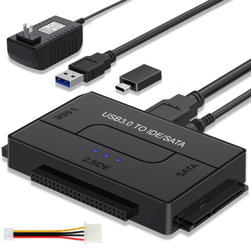 EYOOLD SATA IDE to USB 3.0 Adapter for 2.5/3.5 HDD/SSD Hard Drive Disk, Hard Drive Reader Ultra Recovery Conveter Cable Universal Data Transfer SATA to USB Adapter with Power Supply - Image 1