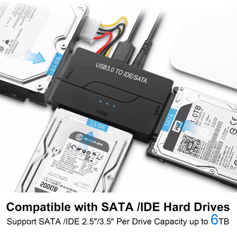 EYOOLD SATA IDE to USB 3.0 Adapter for 2.5/3.5 HDD/SSD Hard Drive Disk, Hard Drive Reader Ultra Recovery Conveter Cable Universal Data Transfer SATA to USB Adapter with Power Supply - Image 2