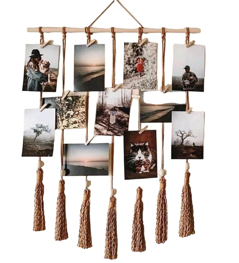 Divinecho Hanging Photo Display Macrame photo wall hanging 10 Wood Clips Boho Decor Home Decoration Multi Picture Frames Collage Decoration for Home Dorm Living Room Dcor  - Image 1