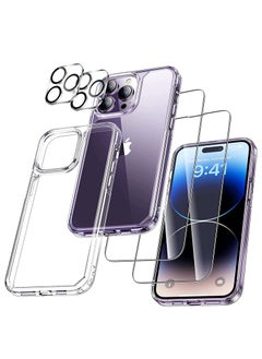 6 in1 iPhone 14 Pro Max Case with 2 Set Lens Protector + 2 Pcs 9H Tempered Glass Screen Protector No Yellowing Full Body Protection Clear Shockproof Protective Case Clearing Kit Free