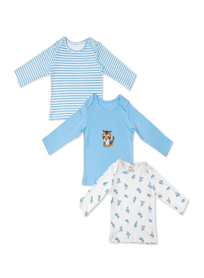 FawnFeel New Born Babies Tshirt Combo of 3 Tshirts (in, Age, 9 Months, 12 Months, Regular, All Over Aeroplane, Blue Strip & Blue with Tiger) - Image 1