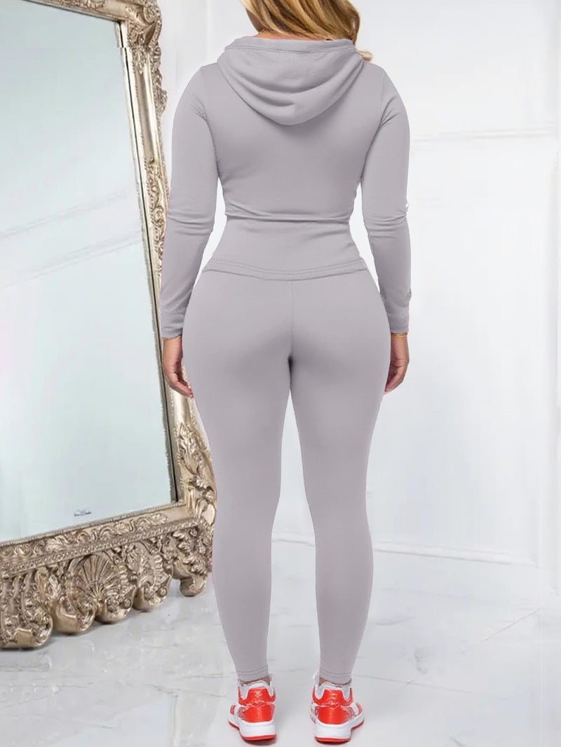 AUXDIO Women 2 Piece Outfits Casual Workout Sets Bodycon Tracksuit Zip Up Long Sleeve Hoodle Jacket Jogger Pants Set Grey XL - Image 4