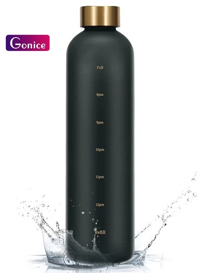 Gonice Water Bottle for Men/Women with Time Marker- Large 1L Leakproof Sports Reusable BPA free Water Flask for Gym Home Drinking Fitness & Outdoor Activity (Black 1000 ml) - Image 1