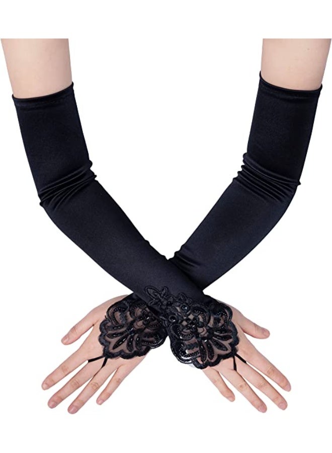 قفازات حزب الأوبرا الساتان ، طول الكوع الدانتيل الأسود بلا أصابع ، ملحقات الزفاف الزهرية للنساء العرائس زي كوسبلاي حزب الديكور - Image 1
