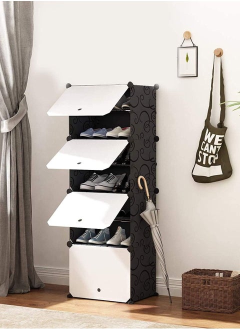 Portable Shoe Rack Organizer 4 Cube 8 Tiers Plastic Shoes Tower Shelf Storage Cabinet with Doors, Expandable Free Standing Shoe Modular Cabinet Rack for Closet Entryway Bedroom Hallway