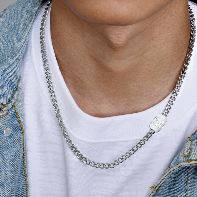 VNOX Silver Initial Necklace for Men - A-Z Letter Necklaces Cuban Link Chain Pendant Neckless for Mens Womens Boy Cute Valentines Day Christmas Birthday Jewelry Gift for Him Boyfriend, Silver, No - Image 3