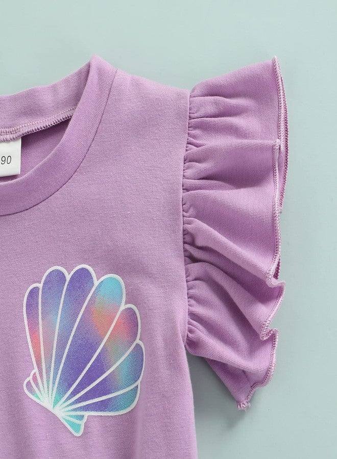 Lamuusaa Toddler Kid Baby Girls Outfits Fly Sleeve Shell Crop Tops T-Shirt Mermaid Flared Pants Summer Birthday Clothes 1-6T (Purple, 4-5T) - Image 3
