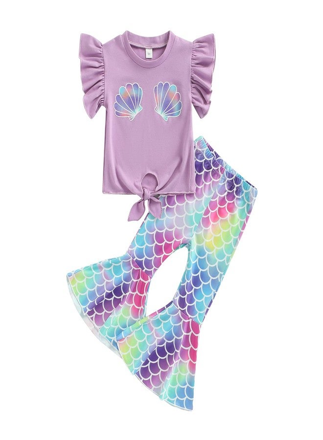 Lamuusaa Toddler Kid Baby Girls Outfits Fly Sleeve Shell Crop Tops T-Shirt Mermaid Flared Pants Summer Birthday Clothes 1-6T (Purple, 4-5T) - Image 1