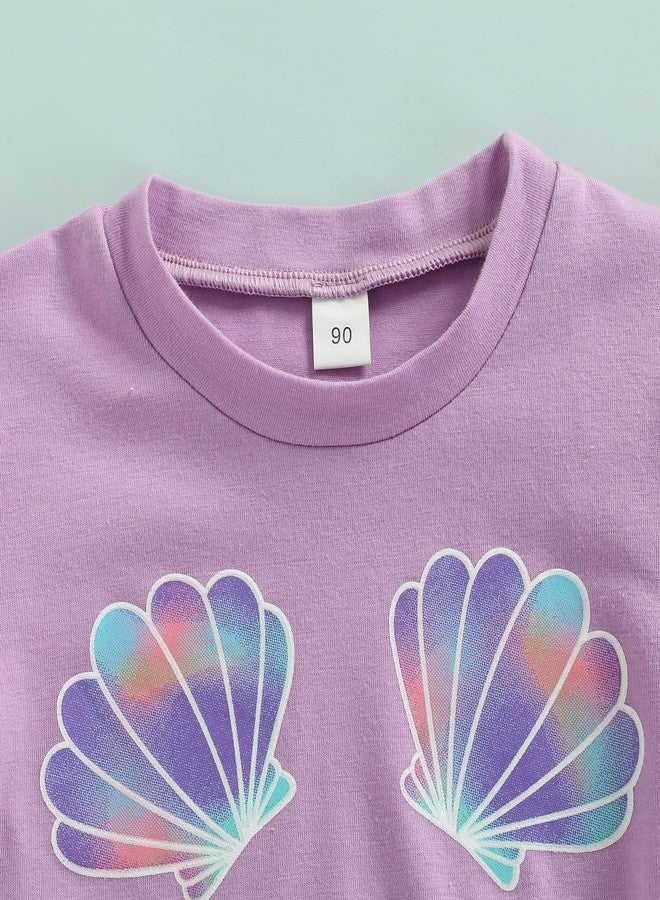 Lamuusaa Toddler Kid Baby Girls Outfits Fly Sleeve Shell Crop Tops T-Shirt Mermaid Flared Pants Summer Birthday Clothes 1-6T (Purple, 4-5T) - Image 2