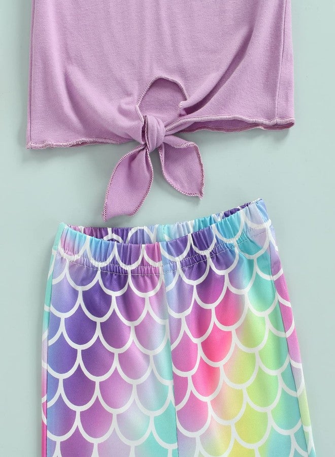 Lamuusaa Toddler Kid Baby Girls Outfits Fly Sleeve Shell Crop Tops T-Shirt Mermaid Flared Pants Summer Birthday Clothes 1-6T (Purple, 4-5T) - Image 4