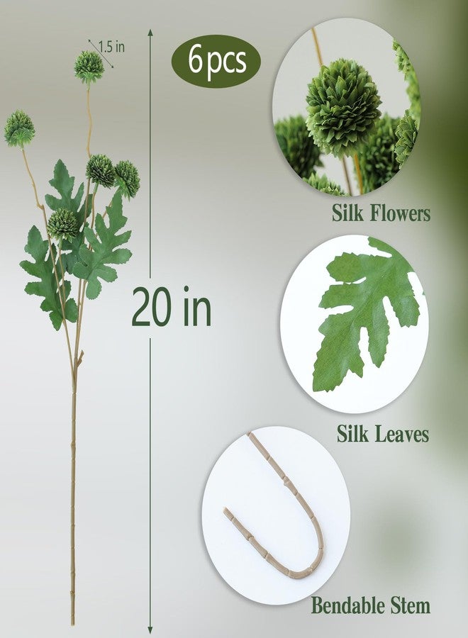 mizii 6Pcs Green Fake Silk Pompon Mum Artificial Flowers Bulk Small Faux Chrysanthemums with Stems Realistic Floral Decorations for Wedding DIY Bouquet Centerpieces Shower Vase Home Decor (Green) - Image 2