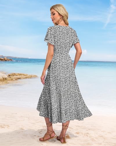 AUSELILY Women Summer Midi Dresses Wrap Short Flutter Sleeve V Neck Boho Slit Flowy Ruffle Dress Wedding Guest Dresses Black Floral - Image 5