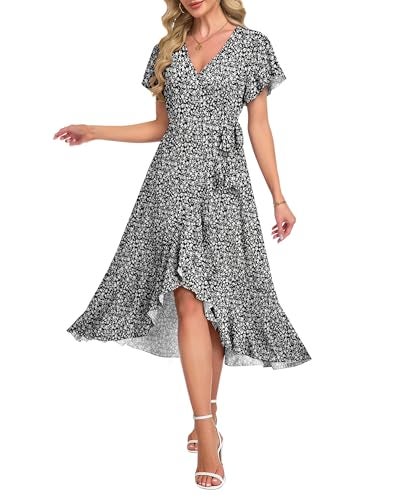 AUSELILY Women Summer Midi Dresses Wrap Short Flutter Sleeve V Neck Boho Slit Flowy Ruffle Dress Wedding Guest Dresses Black Floral - Image 1