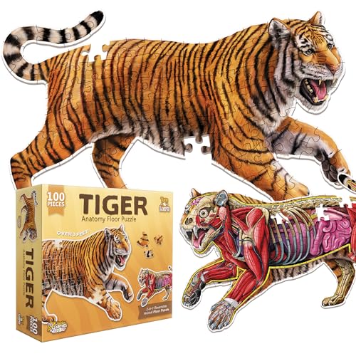 Genius Games Tiger Animal Anatomy Floor Puzzle  100Piece Double Sided Jigsaw Puzzle  LargeSized Over 3 Feet Scientifically Accurate Illustration  Fun and Educational Toy for Kids Toddlers and Families - Image 1