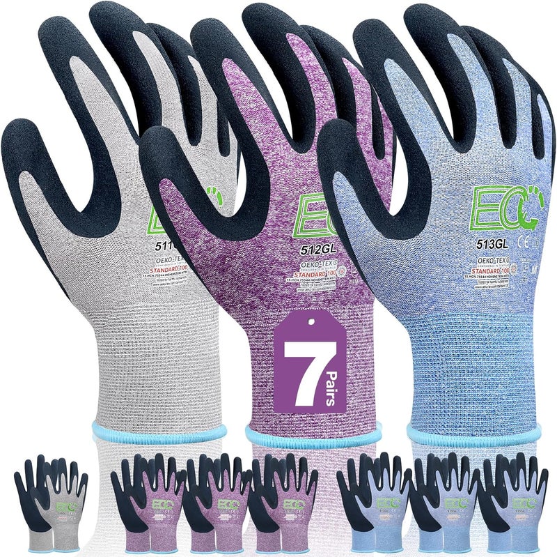 KANGLONGDA 7 Pairs Women Gardening Gloves, EN388 2131X Outdoor Protective Work Gloves with Breathable Micro-Foam Coating for Gardening, General Purpose, Courtyard, 3 Purple + 3Blue +1 Grey - Image 1
