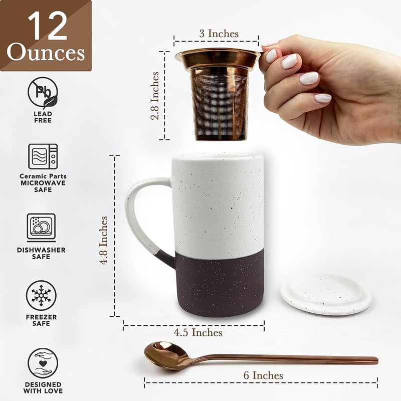 Mora Ceramics Tea Cup with Loose Leaf Infuser, Spoon and Lid, 12 oz, Microwave and Dishwasher Safe Coffee Mug - Rustic Matte Ceramic Glaze, Modern Herbal Tea Strainer - Great Gift for Women, Garnet - Image 2