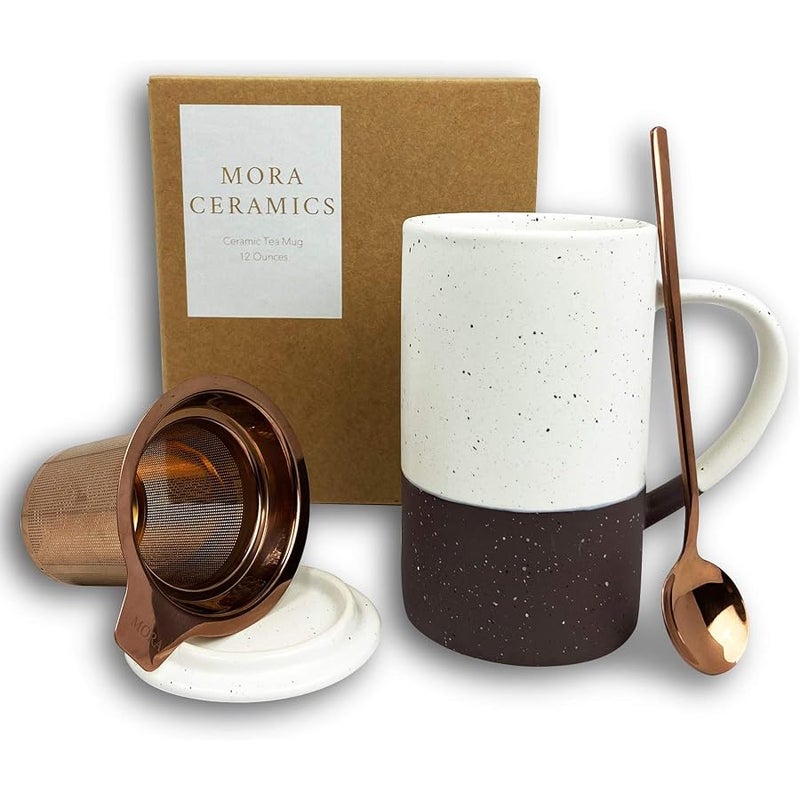Mora Ceramics Tea Cup with Loose Leaf Infuser, Spoon and Lid, 12 oz, Microwave and Dishwasher Safe Coffee Mug - Rustic Matte Ceramic Glaze, Modern Herbal Tea Strainer - Great Gift for Women, Garnet - Image 1