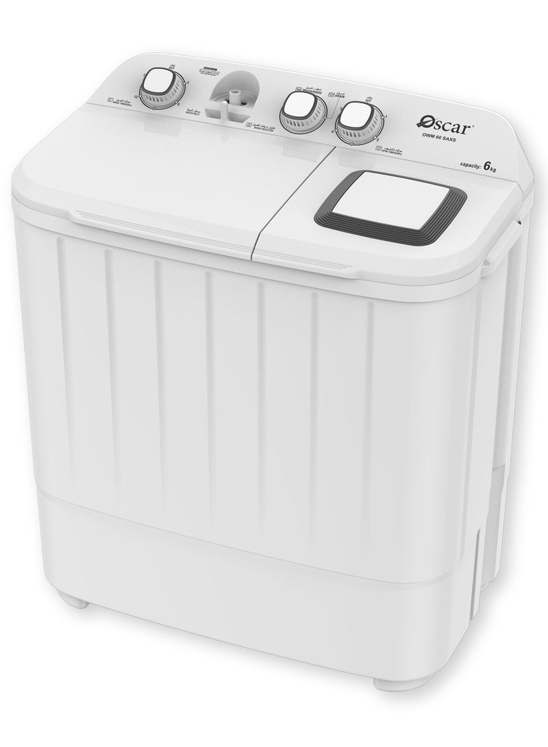 OSCAR 6kg Twin Tub Semi-Automatic Washing Machine with 3.5kg Spin Capacity | Aluminium Motor | IPX4 Waterproof Class | Durable and Efficient - OWM60SAXS - Image 1