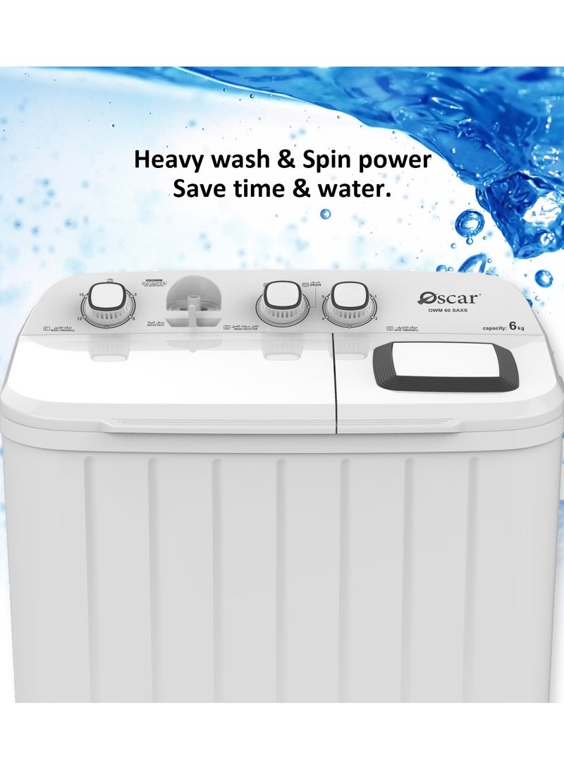 OSCAR 6kg Twin Tub Semi-Automatic Washing Machine with 3.5kg Spin Capacity | Aluminium Motor | IPX4 Waterproof Class | Durable and Efficient - OWM60SAXS - Image 2