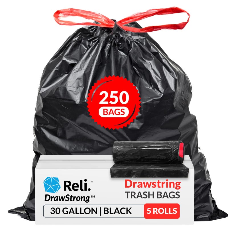 Reli. 30 Gallon Trash Bags Drawstring | 250 Count Bulk | Black | 30 Gallon Garbage Bags Heavy Duty | Large - Image 1
