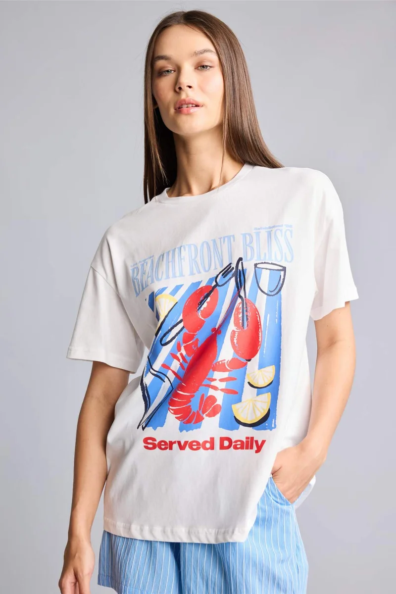 Defacto  Oversize Crew Neck Printed White T-Shirt  | Best Price UAE