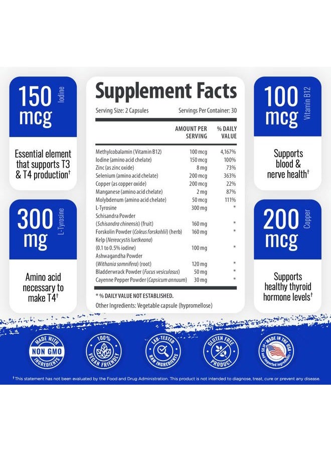 1 Body مكمل دعم الغدة الدرقية مع اليود، ب12، زنك، سيلينيوم، أشواغاندا، غير معدّل وراثيًا، نباتي، إمداد لمدة 30 يومًا - Image 2