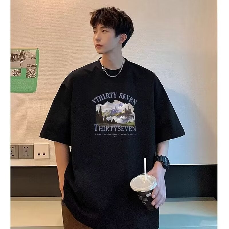 American Printed Short-Sleeved T-Shirt Men'S Summer Thin Loose Teenagers Upper Clothes Trendy Brand Men'S Half-Sleeved T-Shirt - Image 3