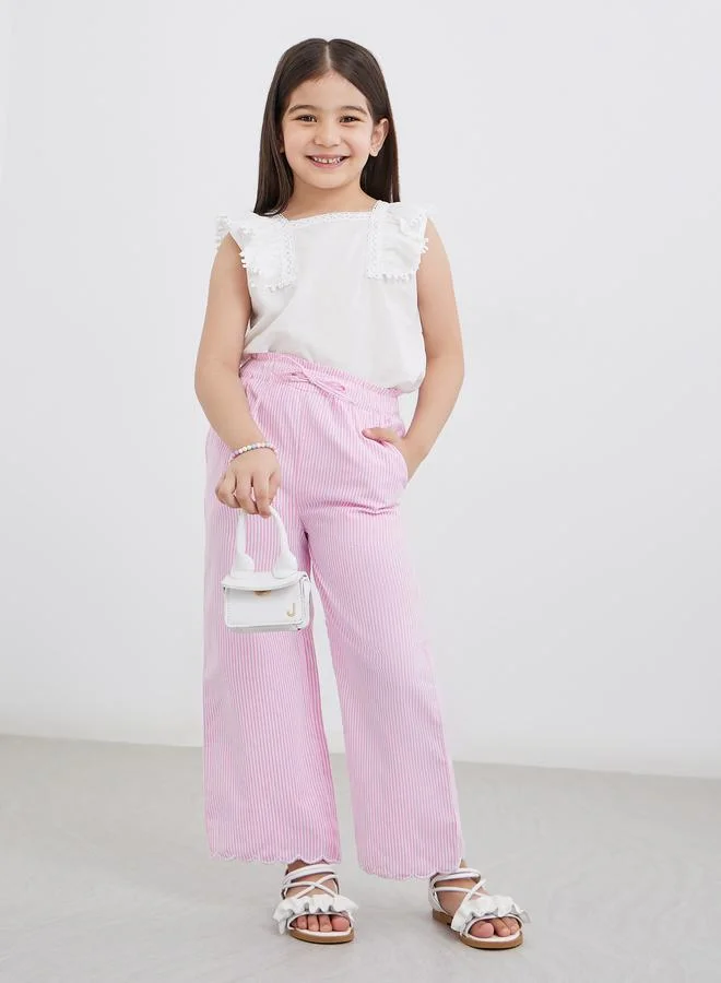 Styli Styli Girls Pink Striped Pants with Drawstring Waist