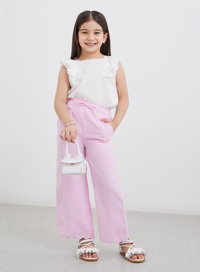 ستايلي بنطلون بناتي مخطط وردي بخصر برباط - Image 2