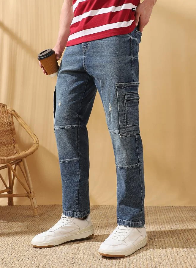 دينيس لينغو Men's Indigo 100% Cotton Solid Pattern Full Length Relaxed Jeans