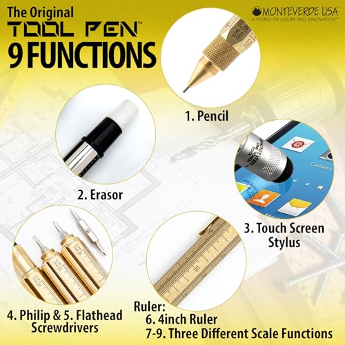 MONTEVERDE USA 9-in-1 Tool Mechanical Pencil in Brass – Hand-Machined Multifunctional Pencil with Stylus, Screwdrivers, Ruler, and Eraser – Exclusive Collection Ideal Gift for Engineers - Image 2