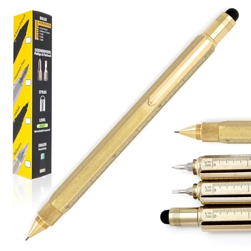 MONTEVERDE USA 9-in-1 Tool Mechanical Pencil in Brass – Hand-Machined Multifunctional Pencil with Stylus, Screwdrivers, Ruler, and Eraser – Exclusive Collection Ideal Gift for Engineers - Image 1