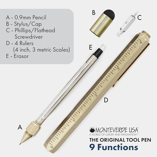 MONTEVERDE USA 9-in-1 Tool Mechanical Pencil in Brass – Hand-Machined Multifunctional Pencil with Stylus, Screwdrivers, Ruler, and Eraser – Exclusive Collection Ideal Gift for Engineers - Image 3